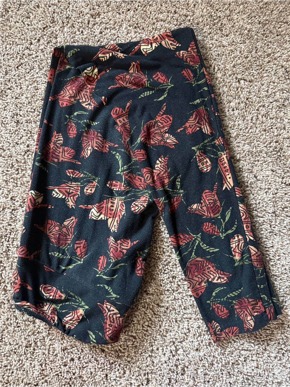 LuLaRoe Black Leggings with Red Floral and Green Leaf Print